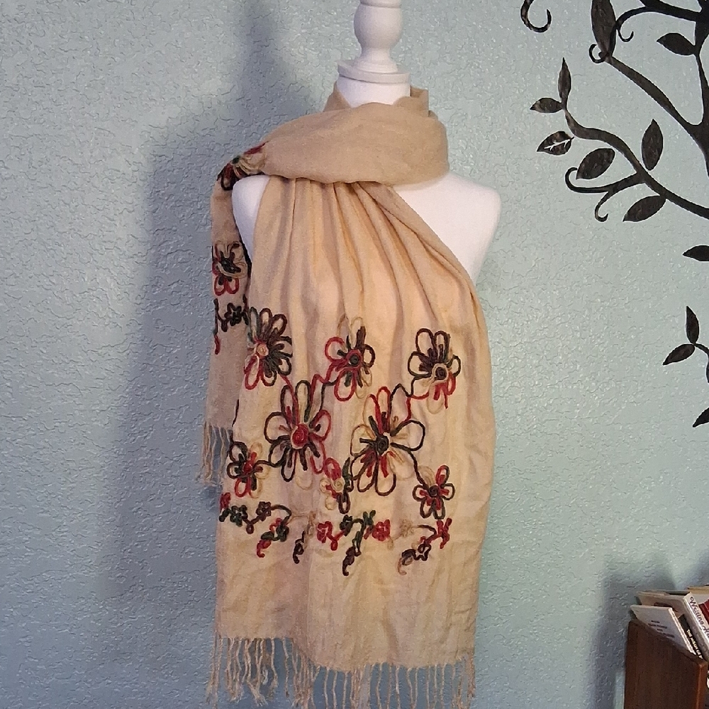 Chic Floral Embroidered Tan Scarf